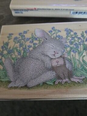 Wooden Bunny & Mouse Decorative Rubber Stamp - Gray Illustration